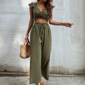 Ruffle Trim Twist Top with Pants